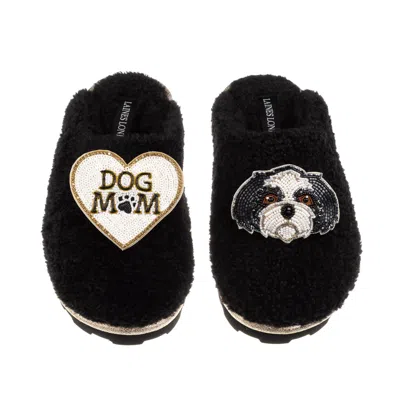 Laines London Women's Teddy Closed Toe Slippers With Dog Mum / Mom & Black & White Shih Tzu Brooches - Black