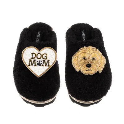 Laines London Women's Teddy Closed Toe Slippers With Dog Mum / Mom & Golden Cockapoo Brooches - Black