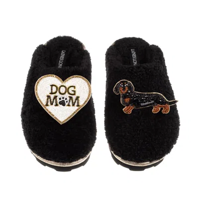 Laines London Women's Teddy Closed Toe Slippers With Dog Mum/mom & Black & Tan Dachshund Brooches - Black