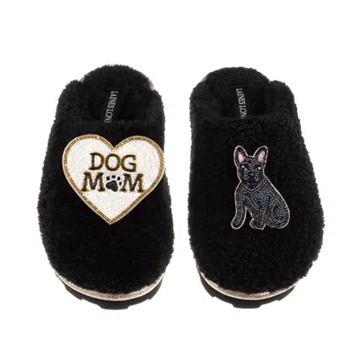 Laines London Women's Teddy Closed Toe Slippers With Dog Mum/mom & Black Sitting French Bulldog Brooch - Black