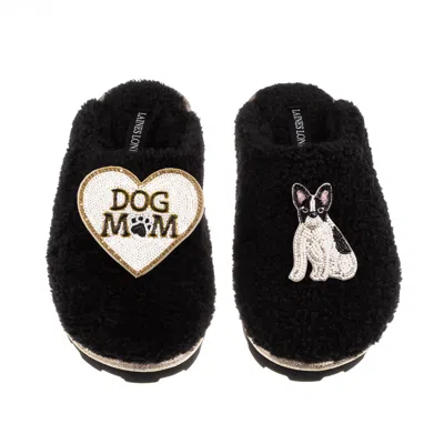 Laines London Women's Teddy Closed Toe Slippers With Dog Mum/mom & Black/white Sitting French Bulldog - Black