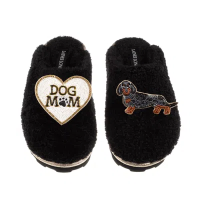 Laines London Women's Teddy Closed Toe Slippers With Dog Mum/mom & Dapple Dachshund Brooches - Black