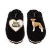 Laines London Women's Teddy Closed Toe Slippers With Dog Mum/mom & Fawn & White Greyhound Brooches - Black In Black