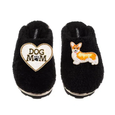 Laines London Women's Teddy Closed Toe Slippers With Dog Mum/mom & Peach The Corgi Brooches - Black