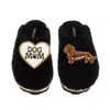 Laines London Women's Teddy Closed Toe Slippers With Dog Mum/mom & Red Dachshund Brooches - Black In Animal Print