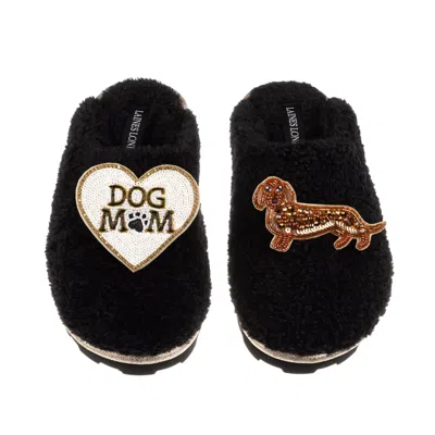 Laines London Women's Teddy Closed Toe Slippers With Dog Mum/mom & Red Dachshund Brooches - Black In Animal Print