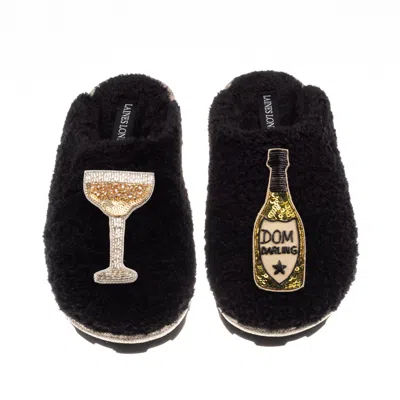 Laines London Women's Teddy Closed Toe Slippers With Dom Darling Champagne Brooches - Black