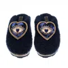 Laines London Women's Teddy Closed Toe Slippers With Double Blue Heart Eye Brooches - Navy In Blue