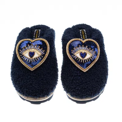 Laines London Women's Teddy Closed Toe Slippers With Double Blue Heart Eye Brooches - Navy