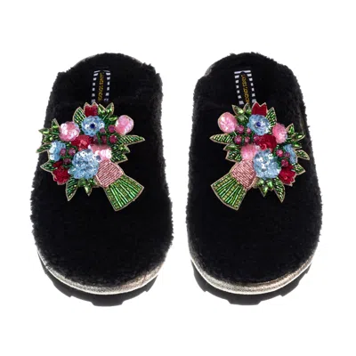 Laines London Women's Teddy Closed Toe Slippers With Double Flower Bouquet Brooches - Black In Multi