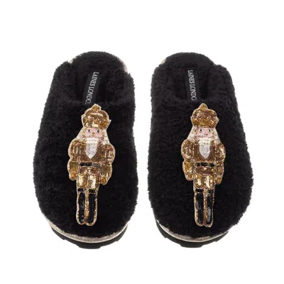 Laines London Women's Teddy Closed Toe Slippers With Double Gold Grand Nutcrackers Brooches - Black