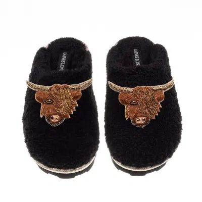 Laines London Women's Teddy Closed Toe Slippers With Double Highland Cow Brooches - Black