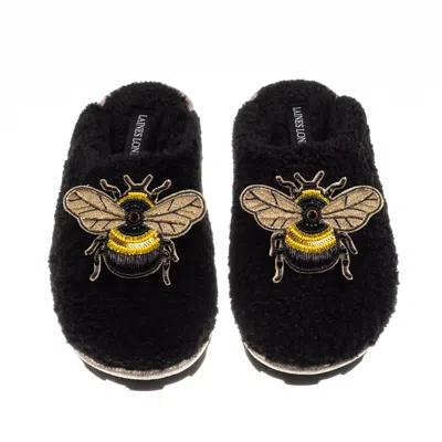 Laines London Women's Teddy Closed Toe Slippers With Double Honeybee Brooches - Black