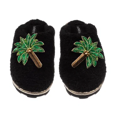 Laines London Women's Teddy Closed Toe Slippers With Double Palm Tree Brooches - Black