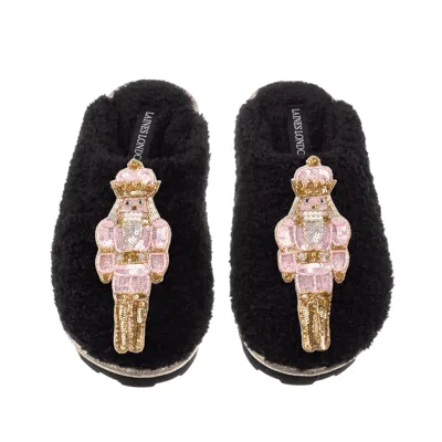 Laines London Women's Teddy Closed Toe Slippers With Double Pink Grand Nutcrackers Brooches - Black