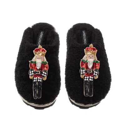 Laines London Women's Teddy Closed Toe Slippers With Double Red Grand Nutcrackers Brooches - Black