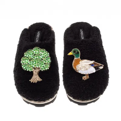 Laines London Women's Teddy Closed Toe Slippers With Duck & Oak Tree Brooches - Black