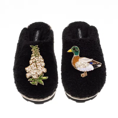 Laines London Women's Teddy Closed Toe Slippers With Duck & White Foxglove Brooches - Black