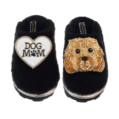 Laines London Women's Teddy Closed Toe Slippers With Enki Doo & Dog Mum / Mom Brooches - Black