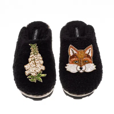 Laines London Women's Teddy Closed Toe Slippers With Fox & White Foxglove Brooches - Black