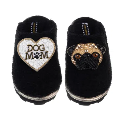 Laines London Women's Teddy Closed Toe Slippers With Franki Pug & Dog Mum / Mom Brooches - Black