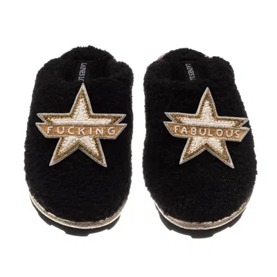 Laines London Women's Teddy Closed Toe Slippers With Fucking Fabulous Brooches - Black