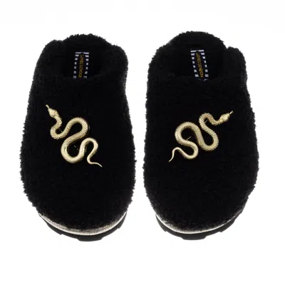 Laines London Women's Teddy Closed Toe Slippers With Gold Metal Snake Brooches - Black