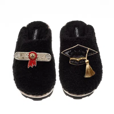 Laines London Women's Teddy Closed Toe Slippers With Graduation Brooches - Black