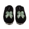 Laines London Women's Teddy Closed Toe Slippers With Green Stripe Bow Brooches - Black In Black