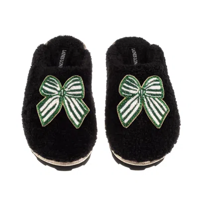Laines London Women's Teddy Closed Toe Slippers With Green Stripe Bow Brooches - Black