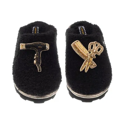 Laines London Women's Teddy Closed Toe Slippers With Hairdresser Brooches - Black