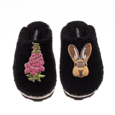 Laines London Women's Teddy Closed Toe Slippers With Hare & Pink Foxglove Brooches - Black
