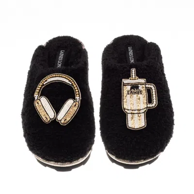 Laines London Women's Teddy Closed Toe Slippers With Headphones & Quencher Brooches - Black