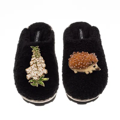 Laines London Women's Teddy Closed Toe Slippers With Hedgehog & White Foxglove Brooches - Black