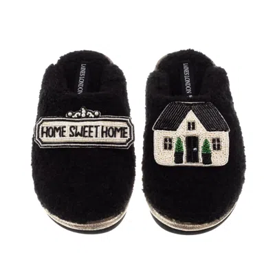 Laines London Women's Teddy Closed Toe Slippers With Home Sweet Home Brooches -black