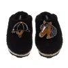 Laines London Women's Teddy Closed Toe Slippers With Horse & Riding Hat Brooches - Black In Black