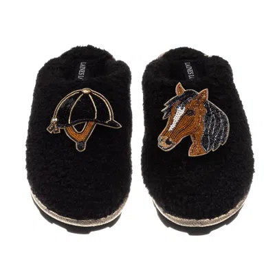 Laines London Women's Teddy Closed Toe Slippers With Horse & Riding Hat Brooches - Black