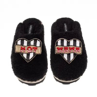 Laines London Women's Teddy Closed Toe Slippers With Hot Mama Brooches - Black
