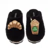 Laines London Women's Teddy Closed Toe Slippers With Iced Coffee & Croissant Brooches - Black In Black