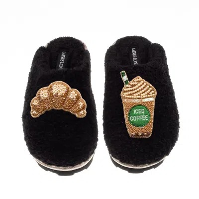 Laines London Women's Teddy Closed Toe Slippers With Iced Coffee & Croissant Brooches - Black