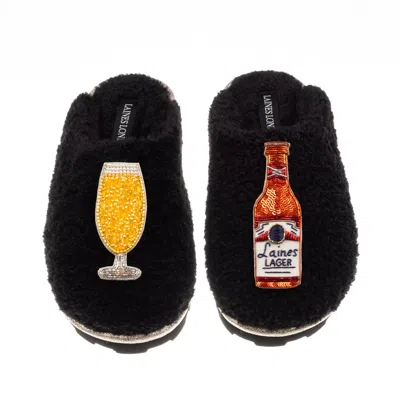 Laines London Women's Teddy Closed Toe Slippers With Laines American Lager Brooches - Black
