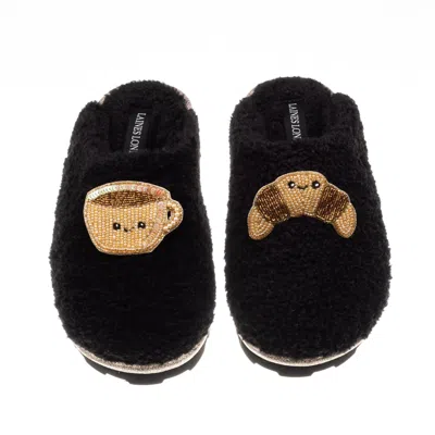 Laines London Women's Teddy Closed Toe Slippers With Laines Lovables Coffee & Croissant Brooches - Black