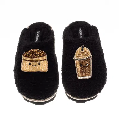 Laines London Women's Teddy Closed Toe Slippers With Laines Lovables Coffee Beans & Frappe Brooches - Black