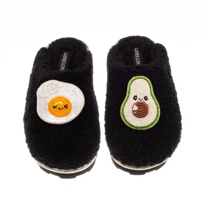 Laines London Women's Teddy Closed Toe Slippers With Laines Lovables Egg & Avocado Brooches - Black