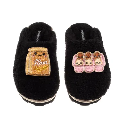Laines London Women's Teddy Closed Toe Slippers With Laines Lovables Flour & Eggs Brooches - Black