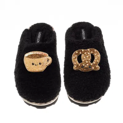 Laines London Women's Teddy Closed Toe Slippers With Laines Lovables Hot Chocolate & Pretzel Brooches - Black