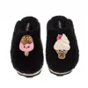 Laines London Women's Teddy Closed Toe Slippers With Laines Lovables Ice Lolly & Ice Cream Brooches - Black In Black
