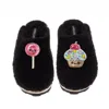 Laines London Women's Teddy Closed Toe Slippers With Laines Lovables Lollipop & Cupcake Brooches - Black In Black