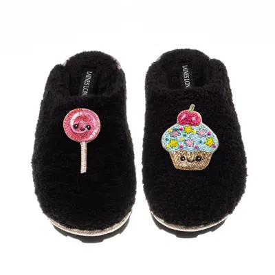 Laines London Women's Teddy Closed Toe Slippers With Laines Lovables Lollipop & Cupcake Brooches - Black