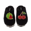 Laines London Women's Teddy Closed Toe Slippers With Laines Lovables Watermelon & Cherry Brooches - Black In Black